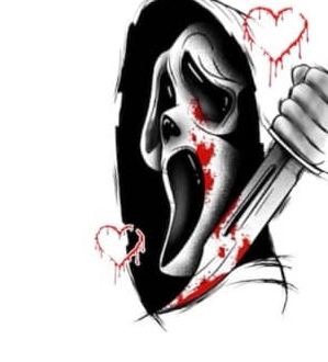 Bloody slasher mask with hearts flash tattoo design