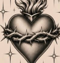 Sacred heart with crown of thorns and flames flash tattoo design