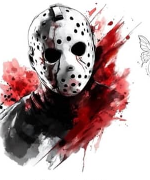 Hockey mask killer with red splash flash tattoo design