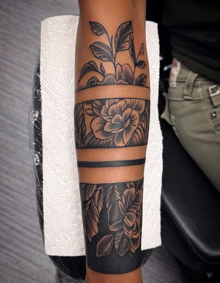 Banded rose and leaf forearm piece