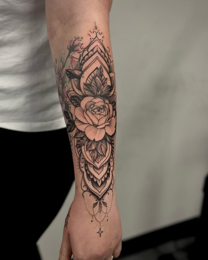 Rose and geometric mandala forearm piece