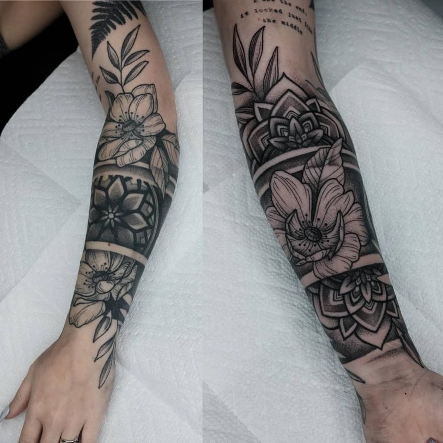 Split-view mandala and floral forearm sleeve
