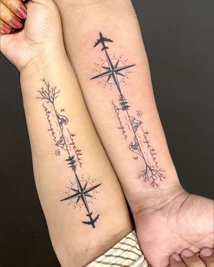 Matching compass tattoos on a couple's forearms