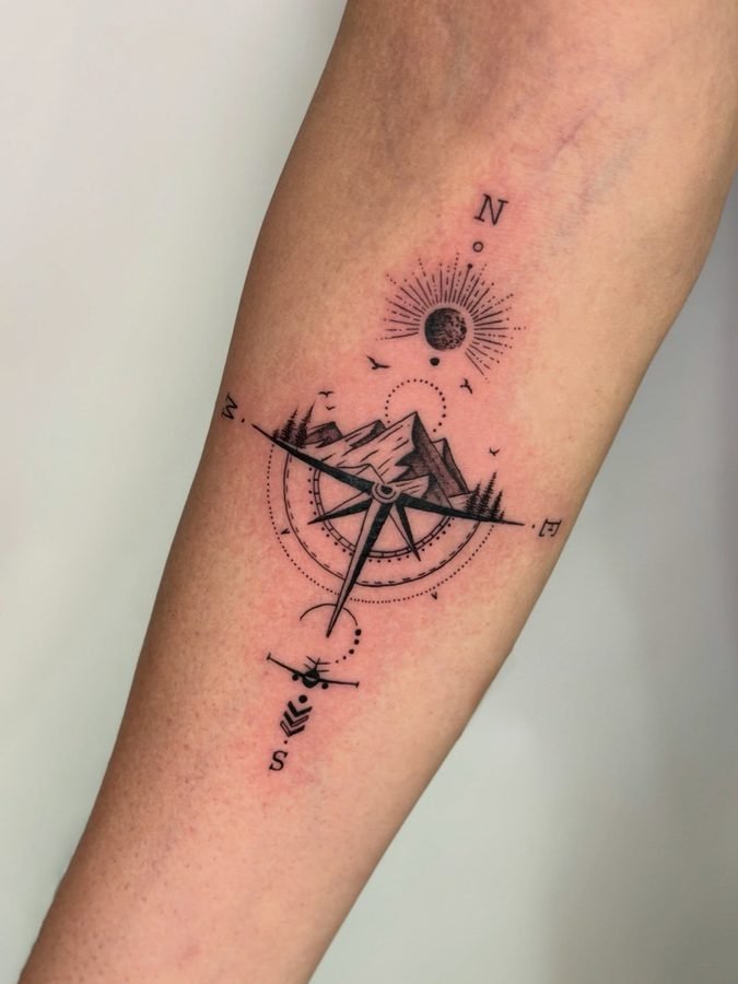 Mountain sunrise compass tattoo on forearm