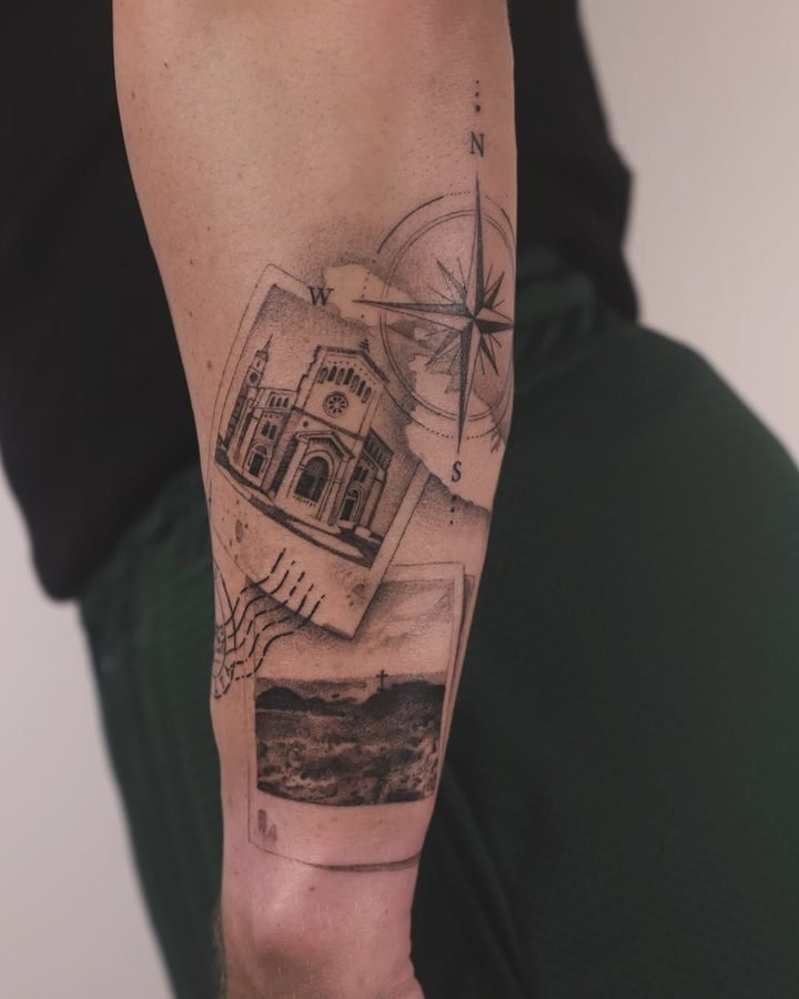 Postcard and church compass tattoo on forearm