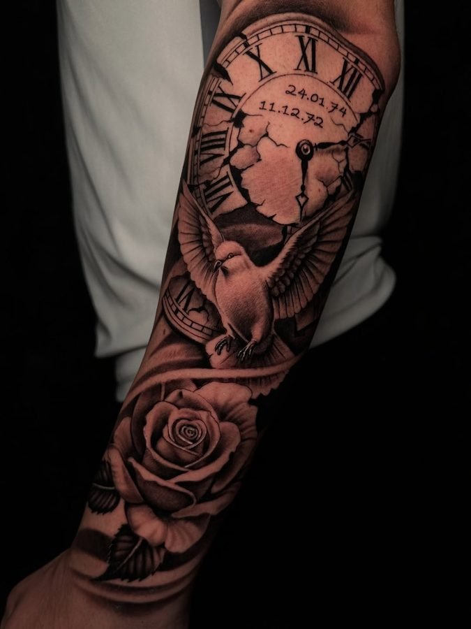 Clock, dove, and rose memorial sleeve