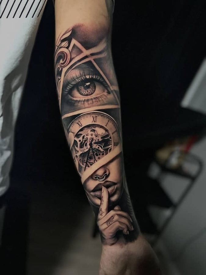 Eye, pocket watch, and whispering face sleeve