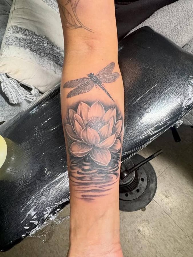 Lotus flower with dragonfly and water ripples