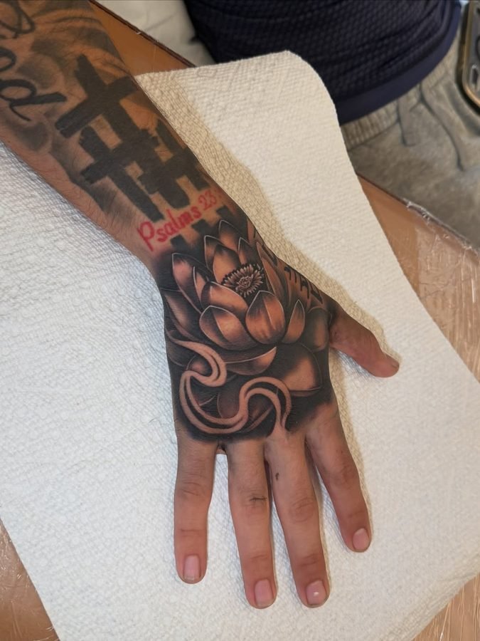 Lotus flower hand piece with scripture lettering