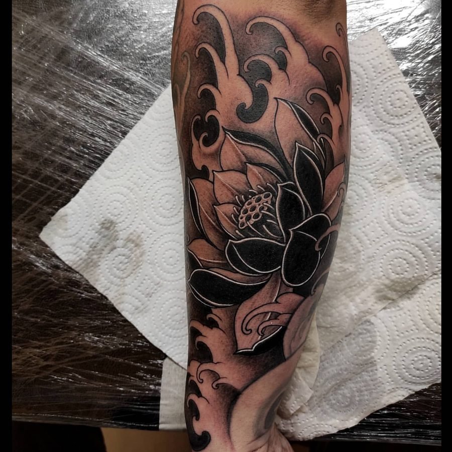 Lotus flower with wave background, black fill petals