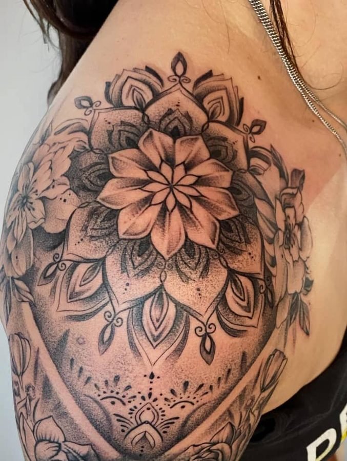Dahlia-style floral mandala shoulder piece