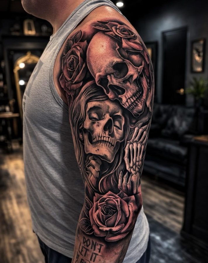 Skull, weeping face, and roses sleeve with lettering