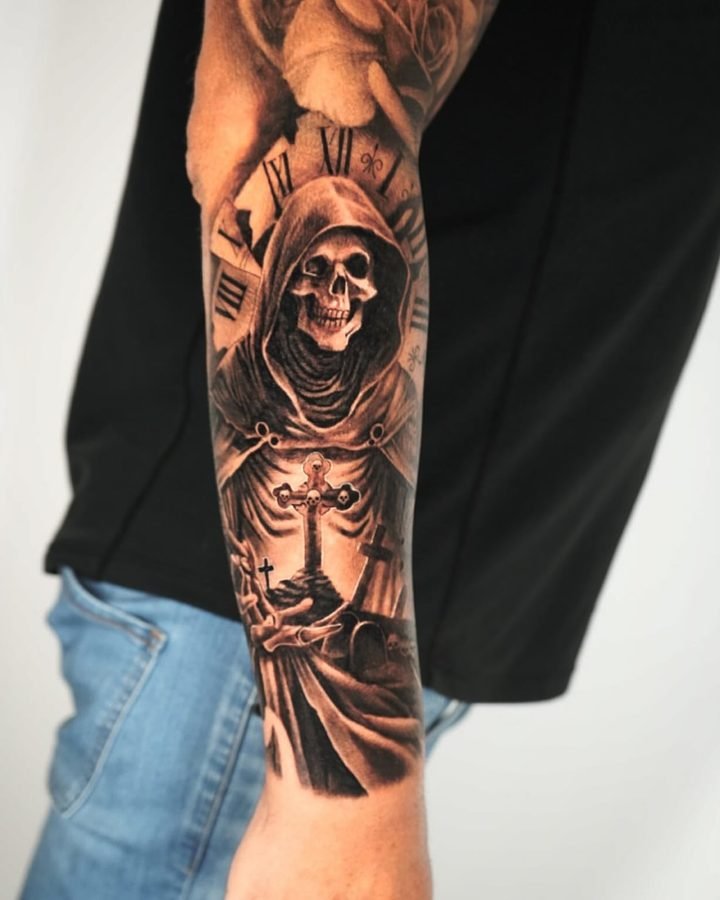 Hooded reaper sleeve with clock and graveyard