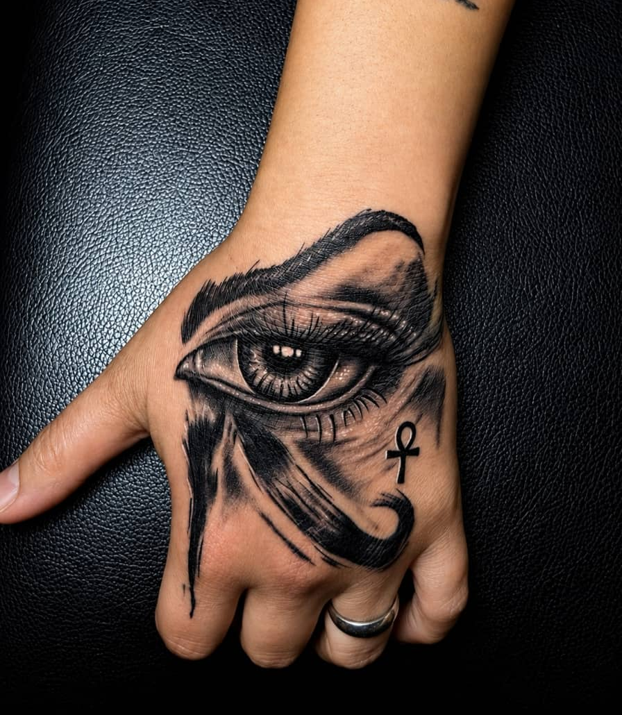 Realism Eye of Horus tattoo on the back of the hand with fine cross-hatch shading and ankh symbol accent